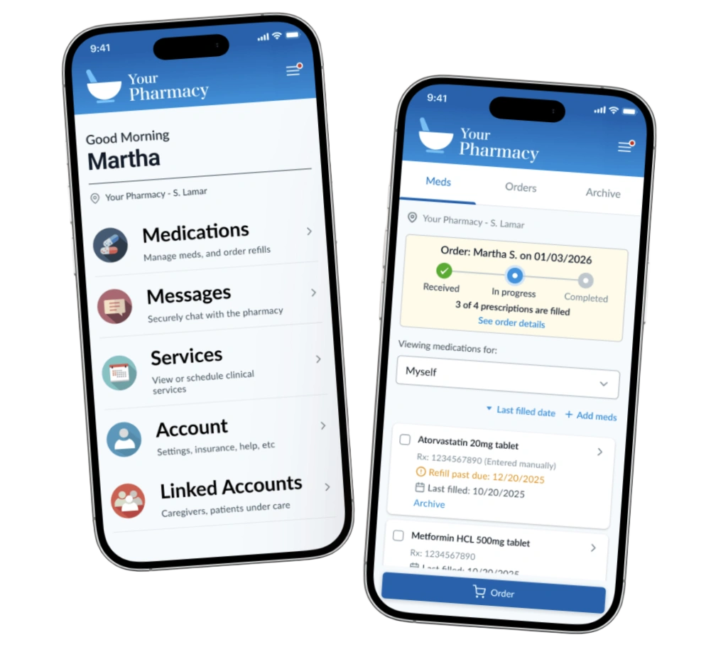 Two views of a pharmacy patient portal on mobile devices