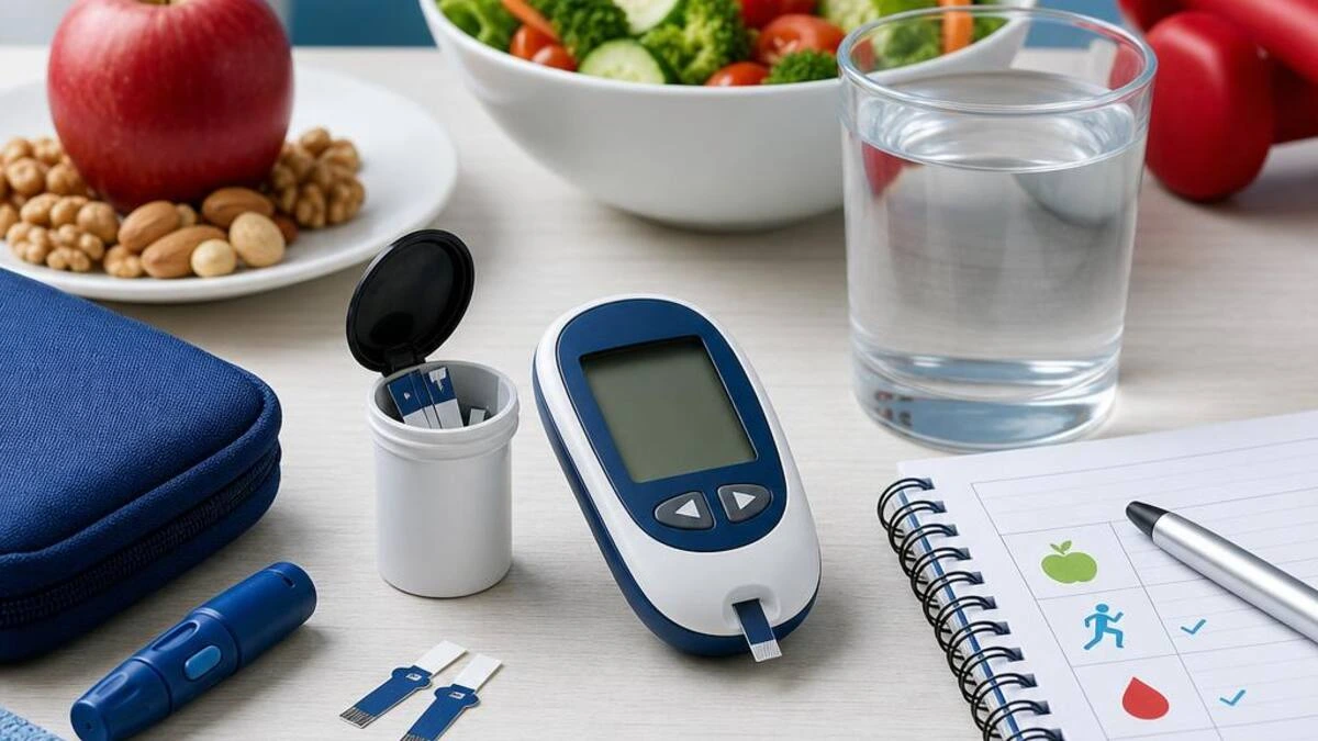 Glucose meter and diabetes self-management supplies on a consultation table