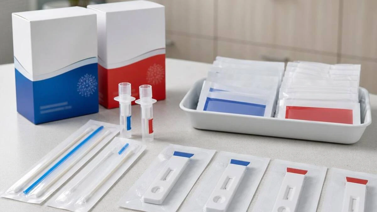 Sealed swabs and rapid flu and strep testing supplies on a consultation counter